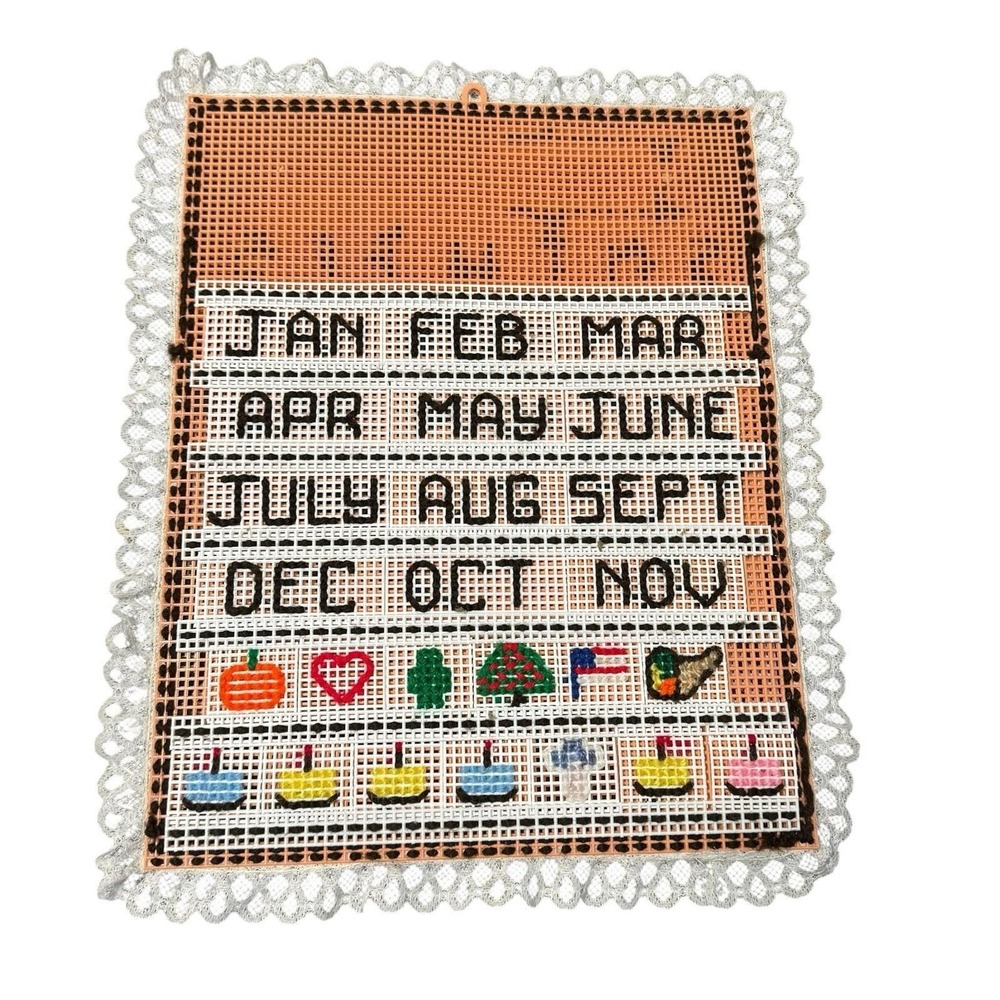 Needlepoint Perpetual Calendar Grandma Core Vintage Lace Edge Orange Complete
